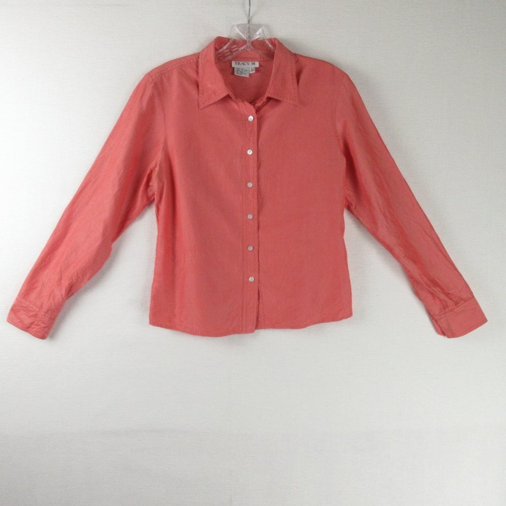 Tracy M Coral Button-Front Long Sleeve Blouse